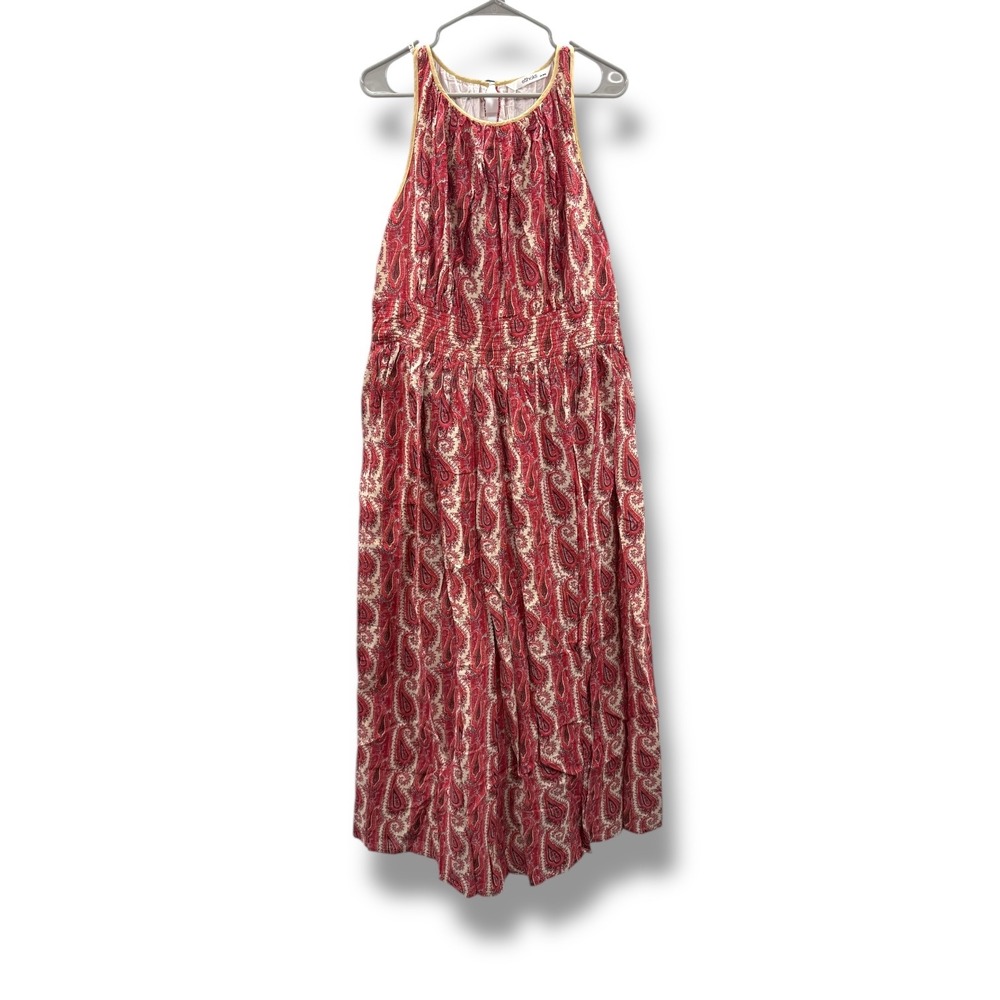 eShakti Paisley Maxi Dress Size 2X 20W Sleeveless Red Boho‎ Smocked Waist